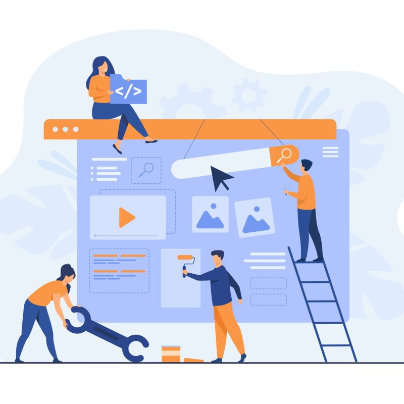 Digital marketing team constructing landing or home page. Tiny people painting units on webpage. Vector illustration for website designers, content managers, internet promotion concept