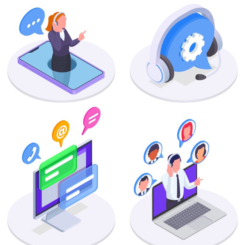 Call center set with technical support and response symbols isometric isolated vector illustration