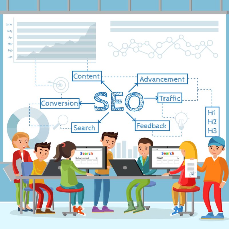 Business analysis infographic concept with people working in office on optimization of main seo strategy indicators vector illustration